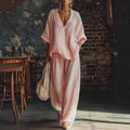 V-Neck Short Sleeve Top and Wide Leg Pants Two-Piece Set - Image 7