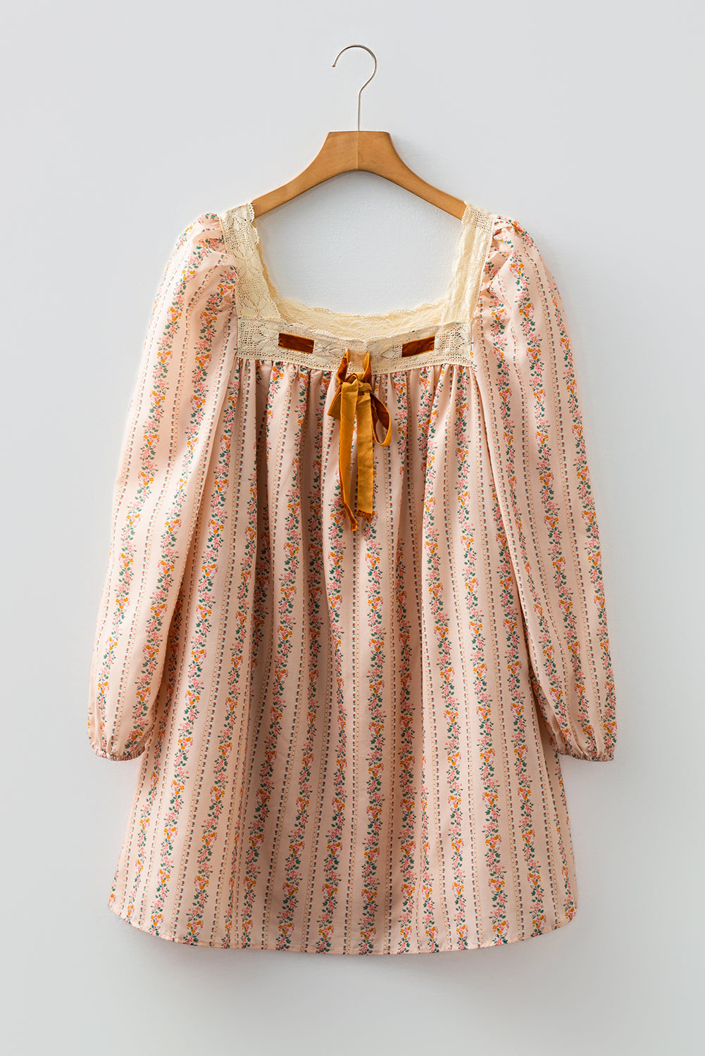 Khaki Floral Lace Velvet Bow Mini Dress | Long Sleeve Loose Fit