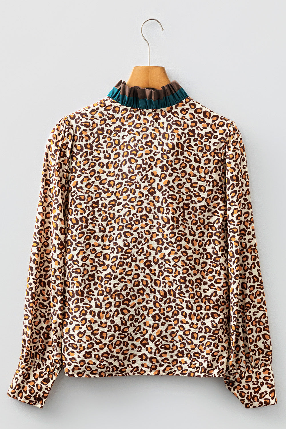 Brown Leopard Print V Neck Button Down Shirt with Frilled Trim