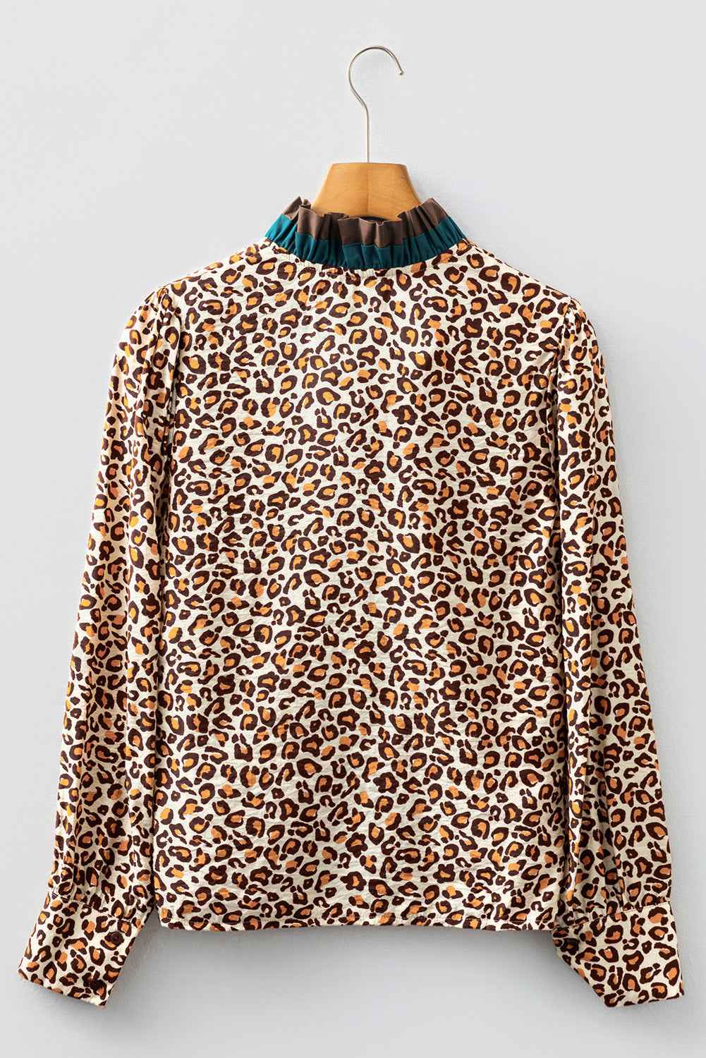 Brown Leopard Print Contrast Frilled Trim Button Down V Neck Shirt