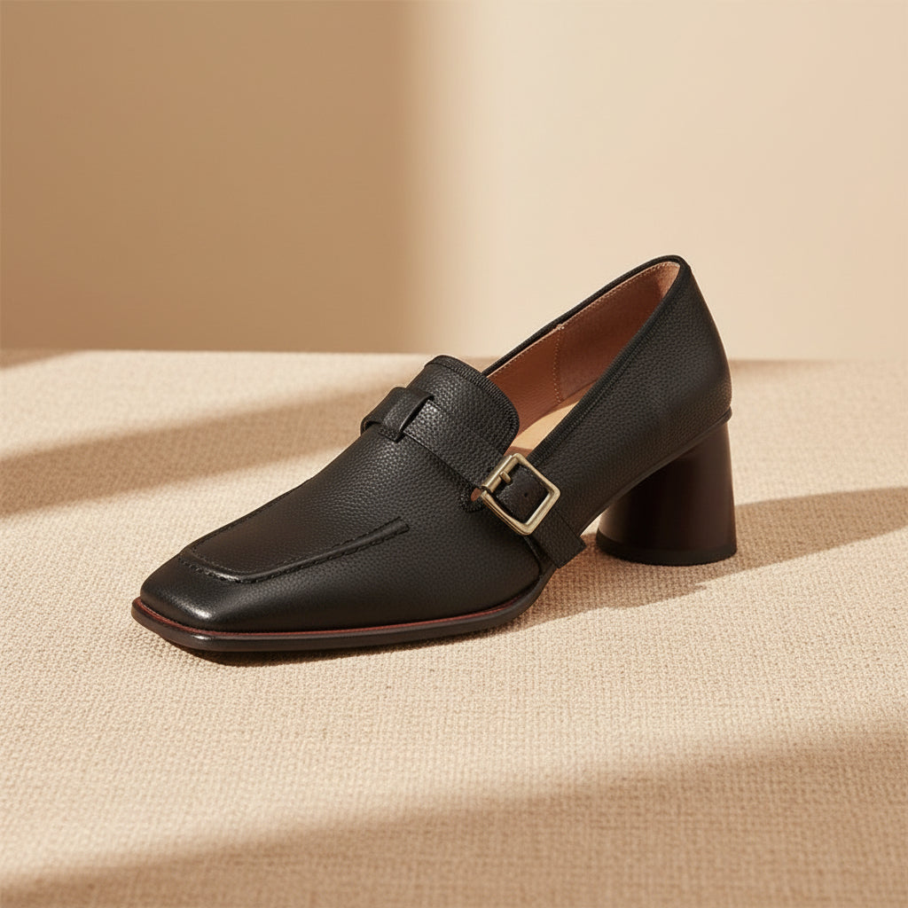 Women's Retro British Style Chunky Heel Leather Pumps - Image 3