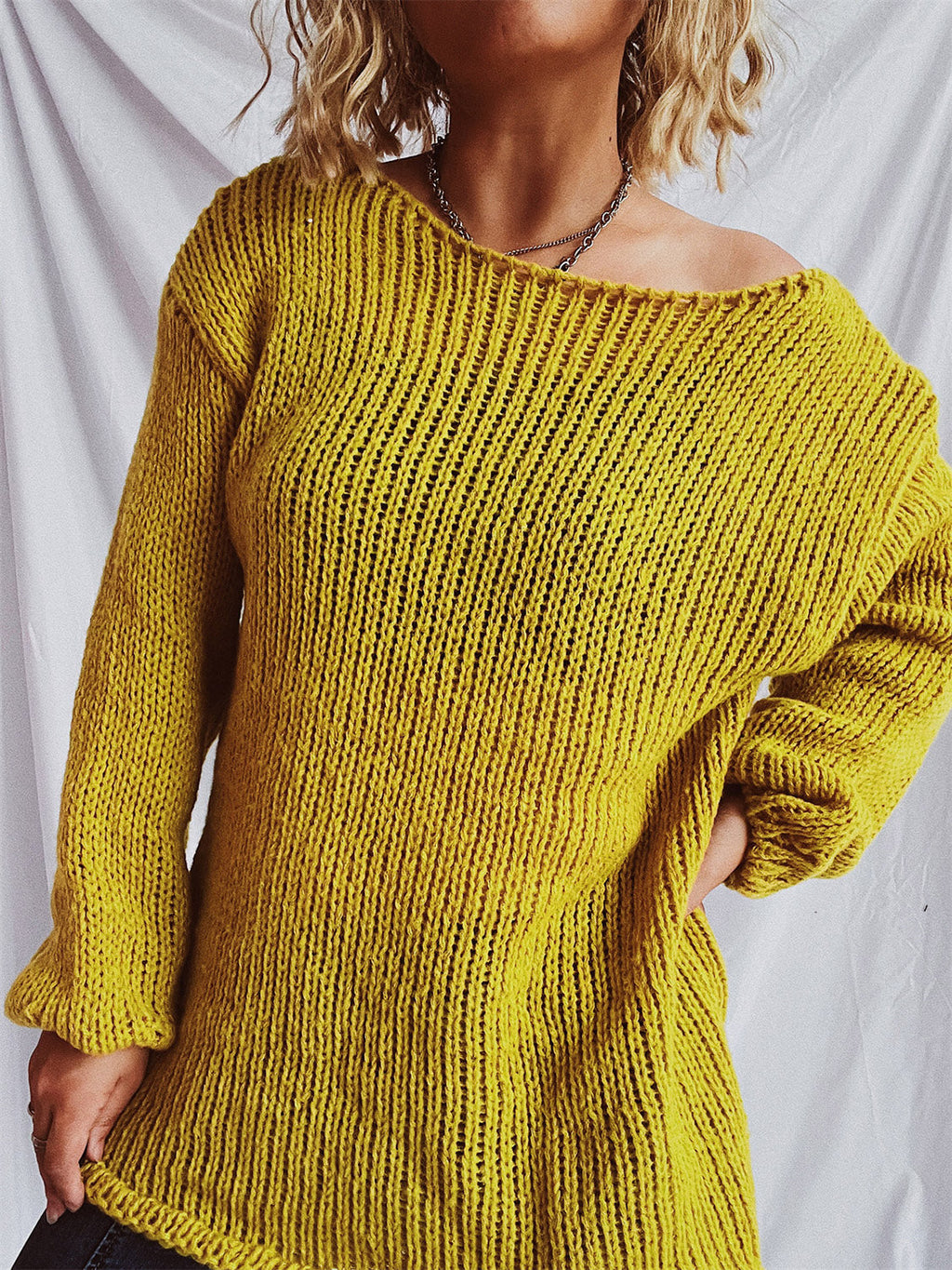 Women's White Boat Neck Dropped Shoulder Loose Knit Sweater - Image 12