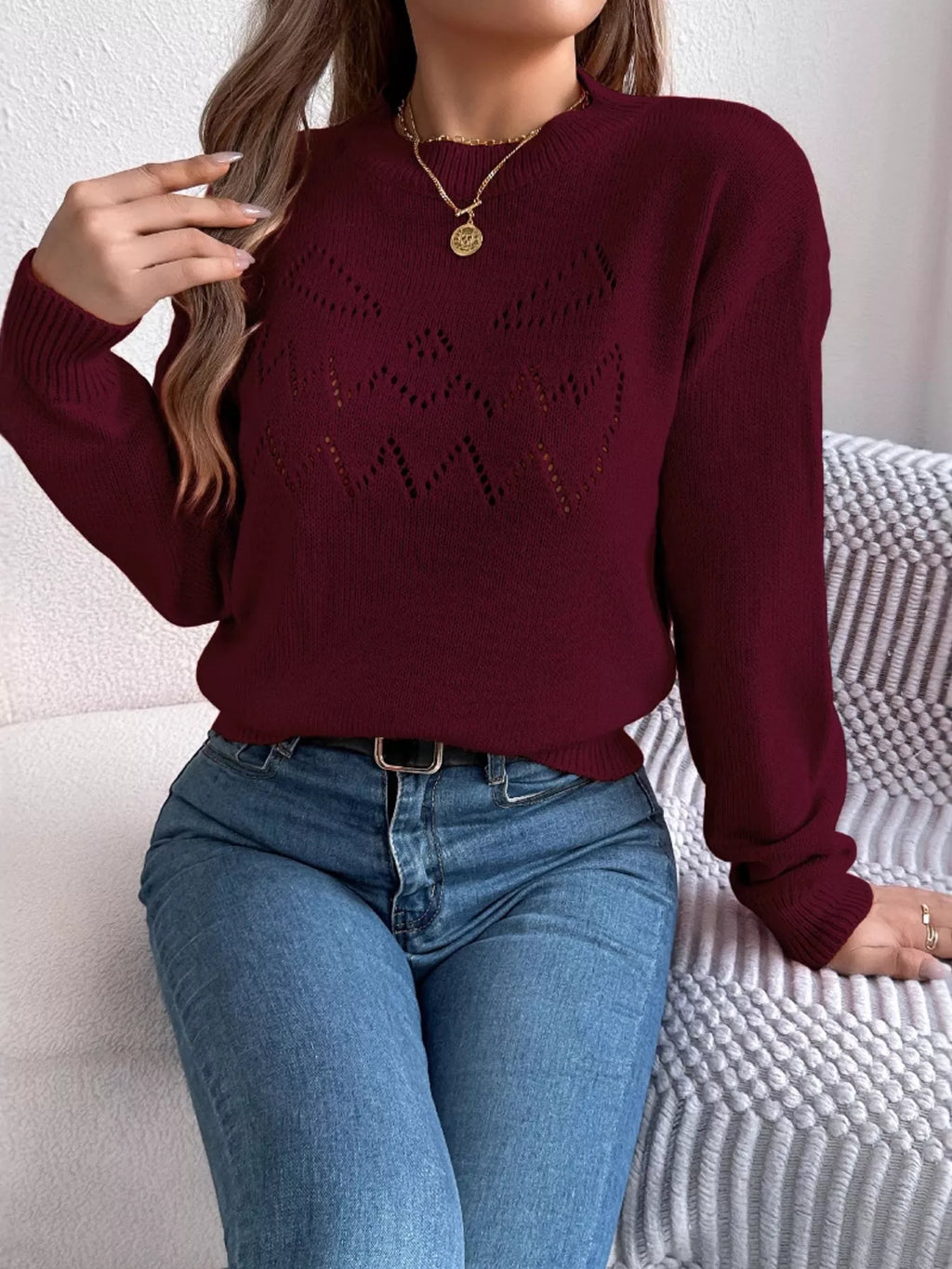 Openwork Round Neck Long Sleeve Sweater