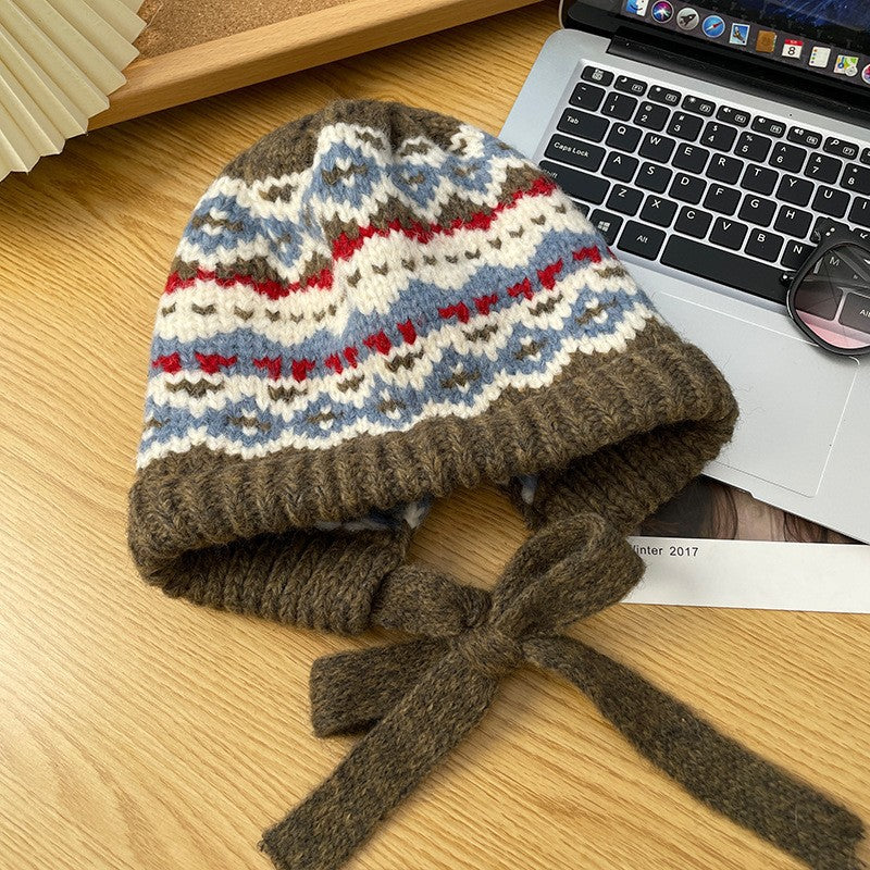 Winter Vintage Wool Earflap Hat Nordic Pattern Warm Knit Cap - Image 8