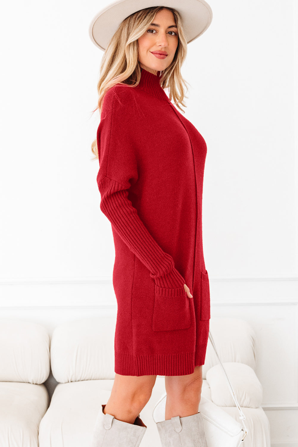 Women's Ribbed Mock Neck Sweater Dress in Brown and Red