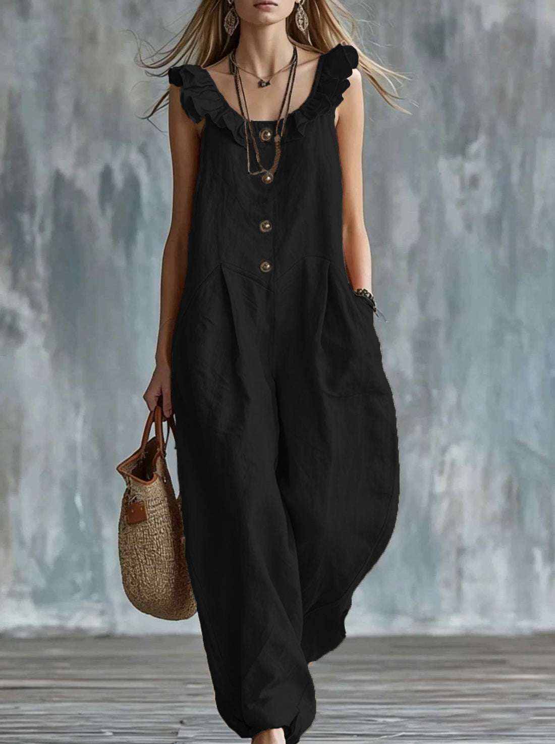 Women's Sleeveless Ruffled Button-Down Wide Leg Tank Jumpsuit - Image 6