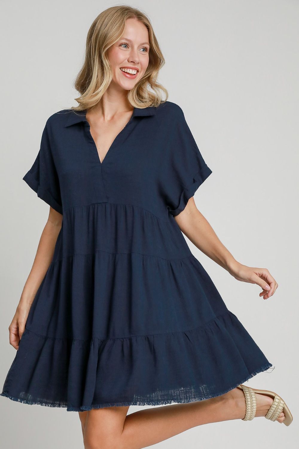 Dark Navy Tiered Midi Dress with Raw Hem and Folded Sleeves