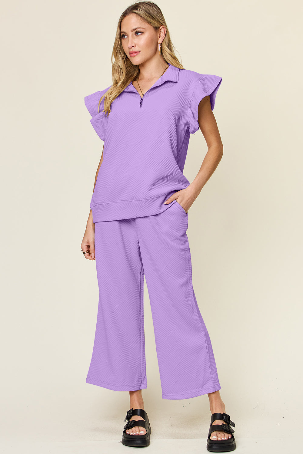 Textured Ruffle Top & Drawstring Wide Leg Pants Set
