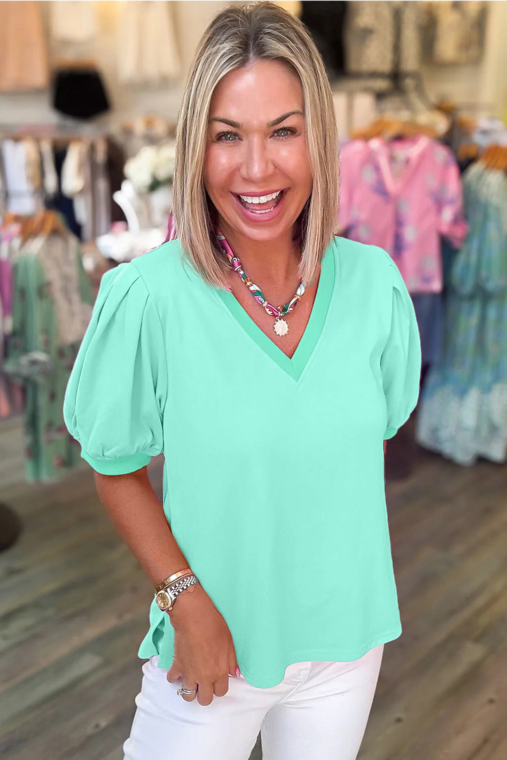 Bonbon Solid Color V Neck Short Puff Sleeve Blouse