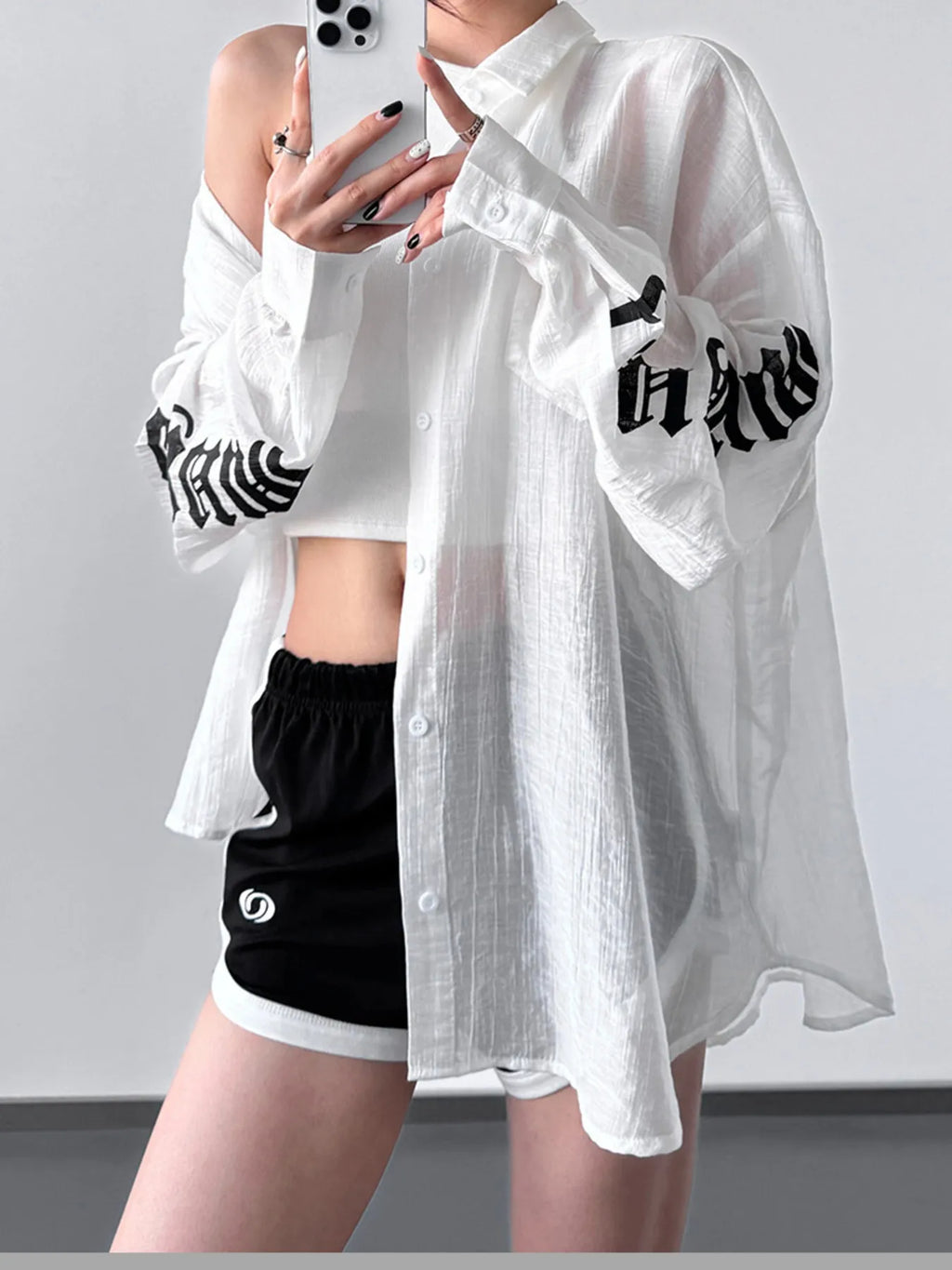Oversized Sheer Long Sleeve Button-Up Shirt in White - Image 2