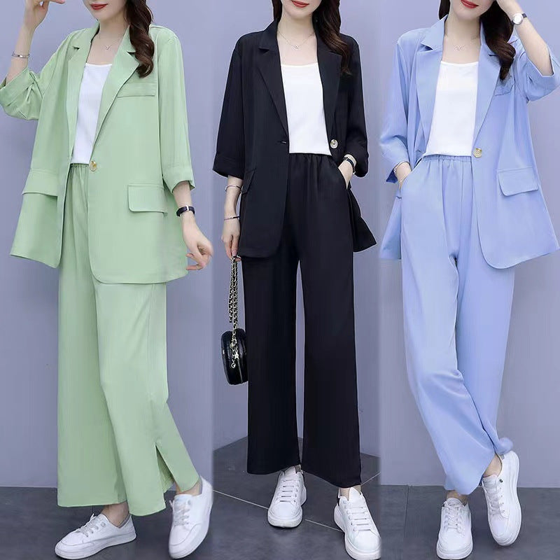 Women's Two-Piece Suit Set with Blazer and Wide Leg Trousers - Image 2