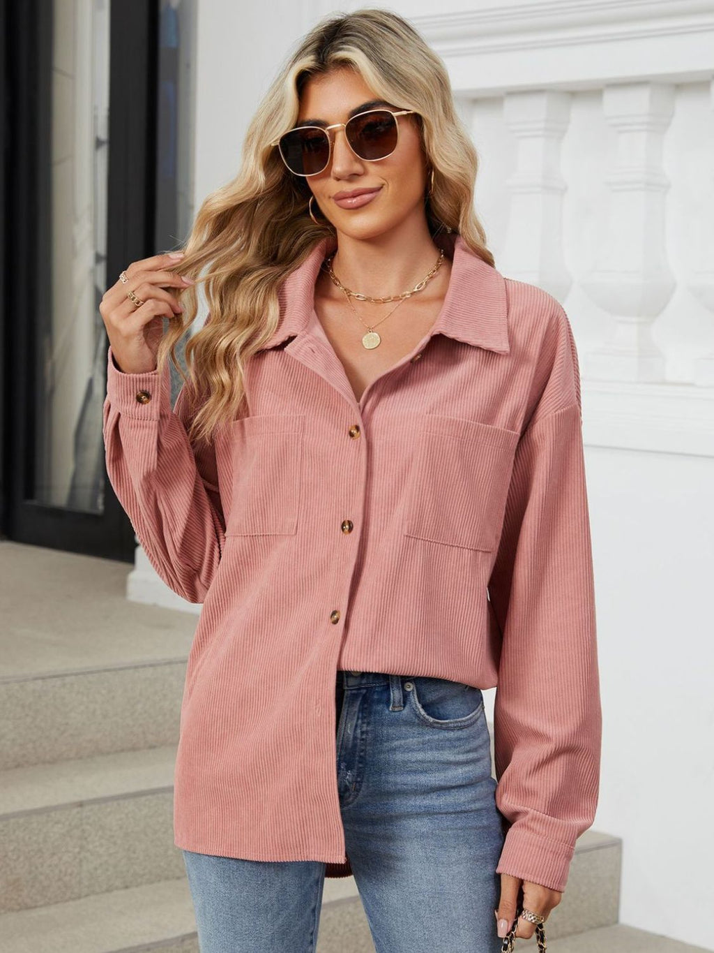 Rayon Button Up Dropped Shoulder Long Sleeve Shirt