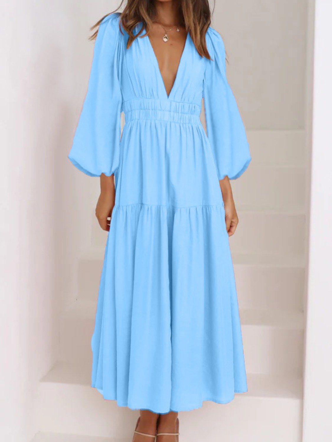 Bohemian Deep V-Neck Maxi Dress with Dramatic Balloon Sleeves