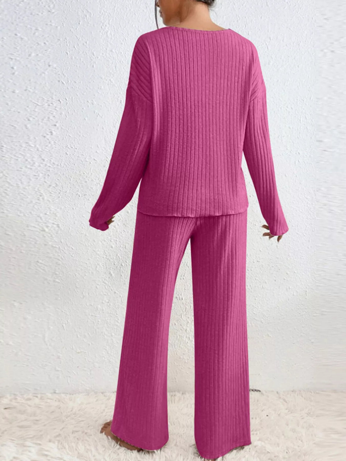 Ribbed Knit V-Neck Top and Pants Set