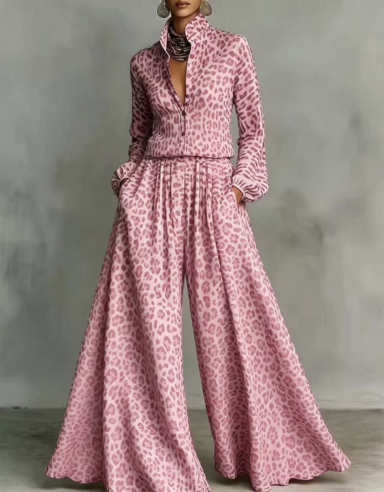 Leopard Print Wide-Leg Pants Set - Bohemian Casual Two-Piece