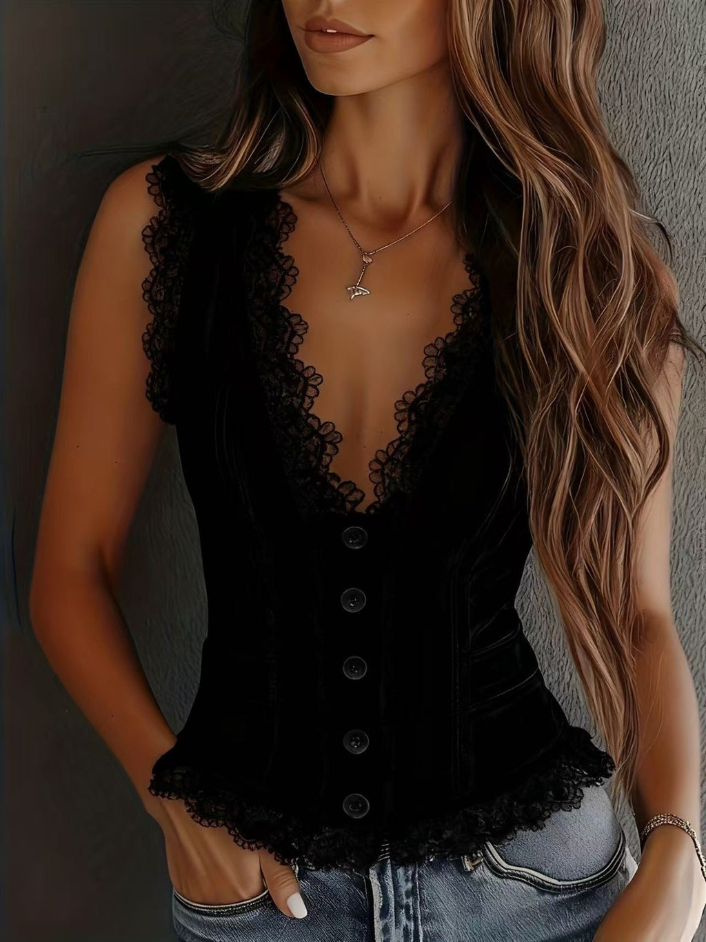 Women's White Lace Trim Button-Down Crop Tank Vest