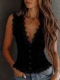 Women's White Lace Trim Button-Down Crop Tank Vest