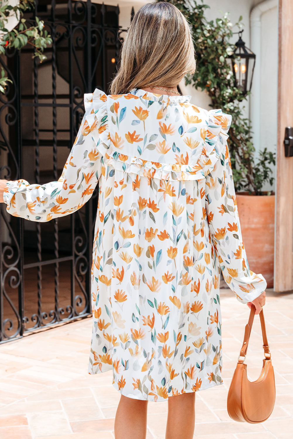 Yellow Floral Print Tie Neck Long Sleeve Ruffle Mini Dress - Image 4