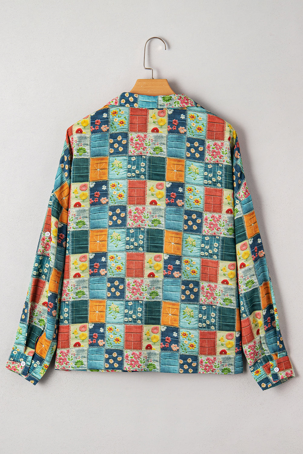 Floral Patchwork Long Sleeve Collared V-Neck Blouse