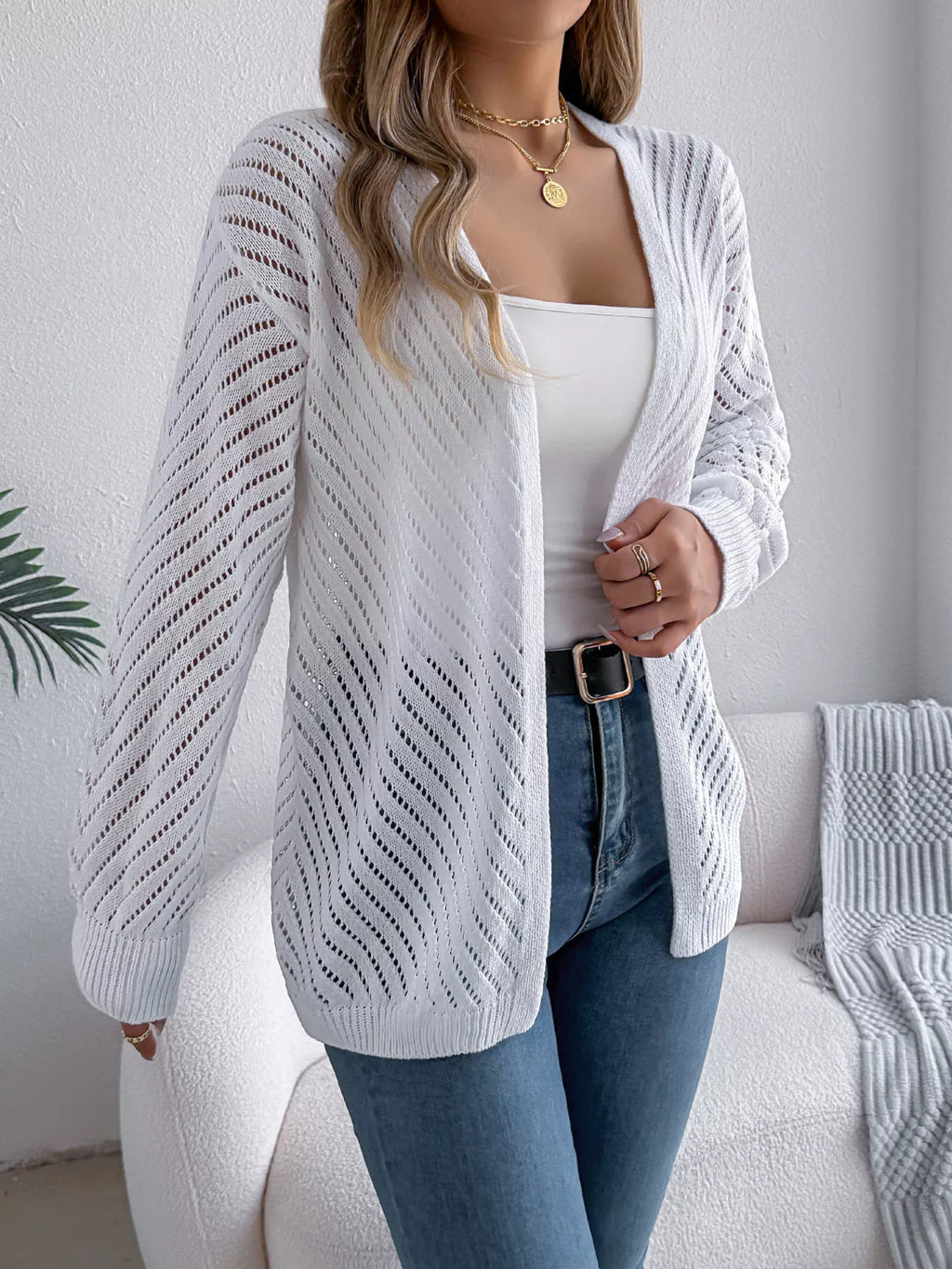 Openwork Open-Front Long Sleeve Cardigan