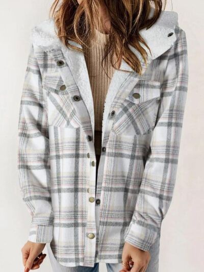 Plush Plaid Snap Down Hooded Jacket Cozy Warm Casual Outerwear