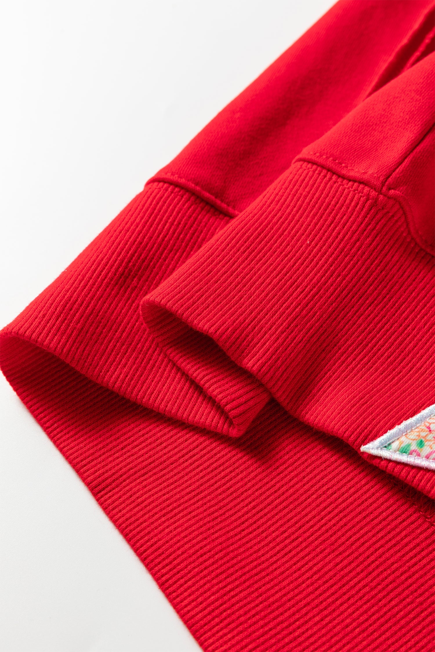 Fiery Red Floral Bow Patchwork Baggy Sweatshirt with Exposed Seams