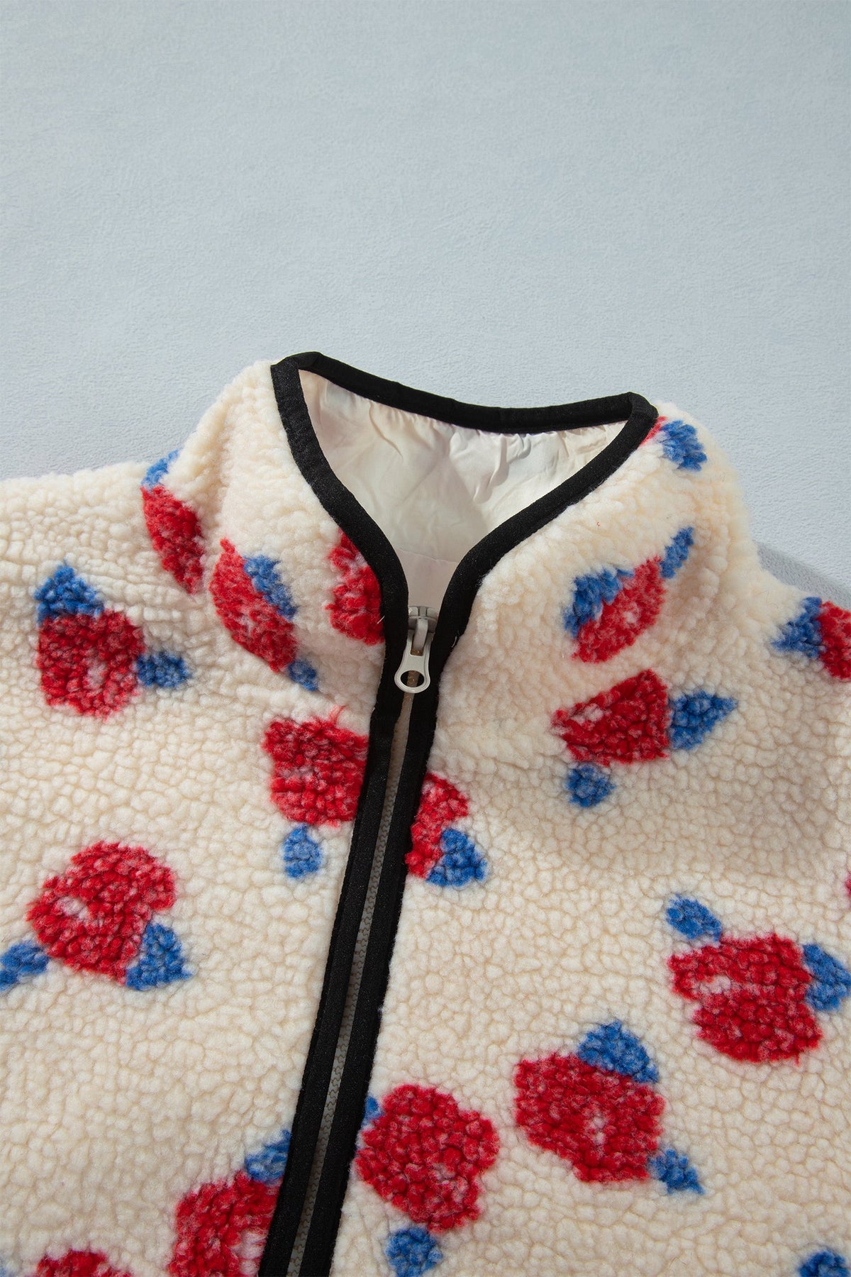 Floral Fleece Contrast Trim Zip Up Coat