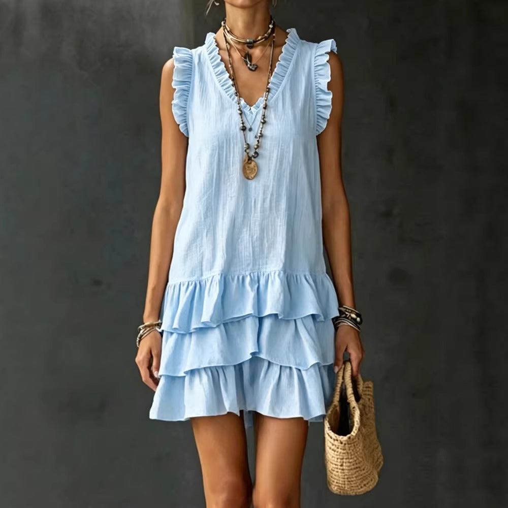 V-Neck Ruffle-Trim Sleeveless Tiered Mini Dress - Image 2