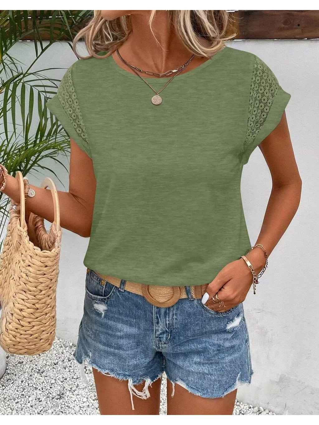 Two Pack Women's Cap Sleeve Tops with Lace Trim Details - Image 7
