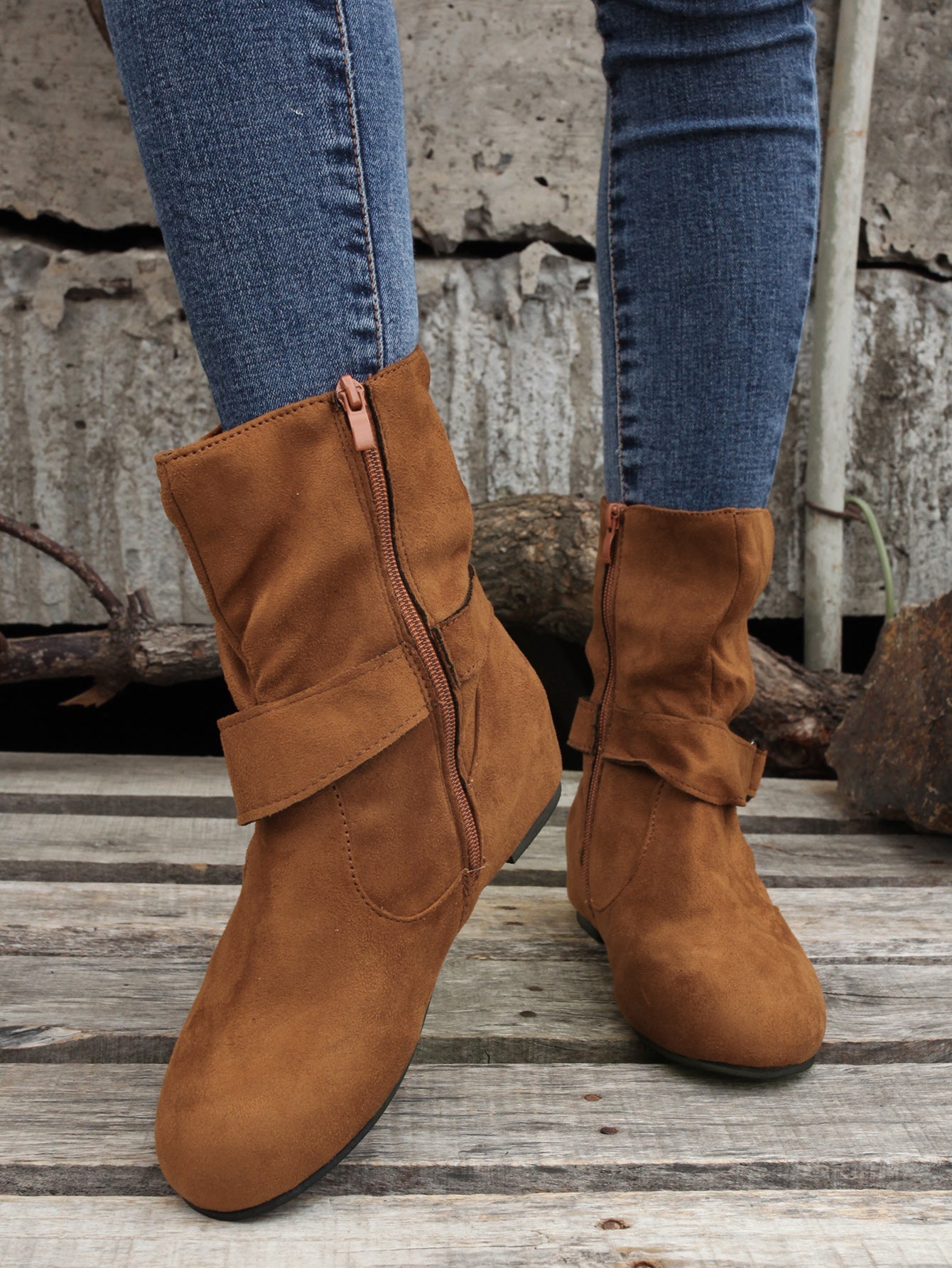 Women's Ankle Boots with Buckle Belt & Side Zip