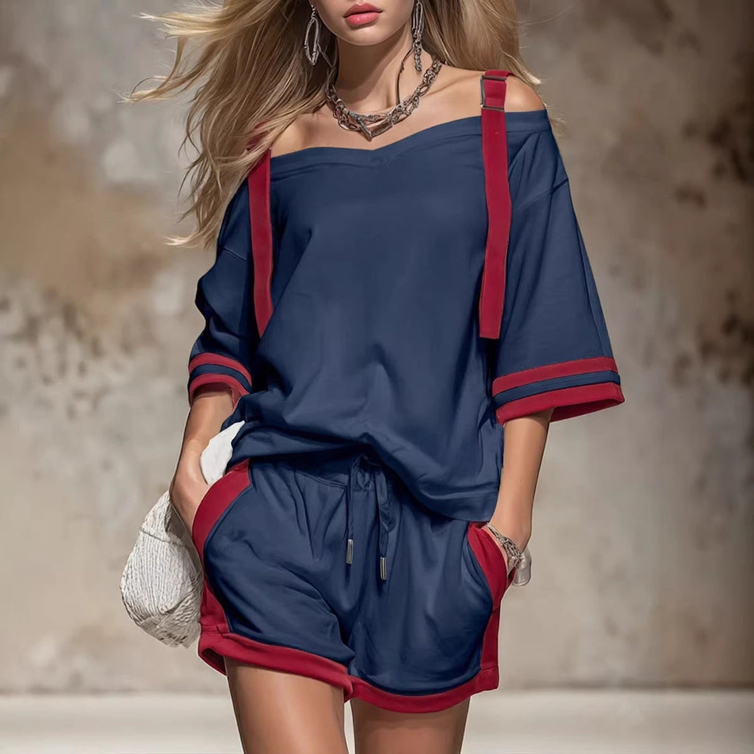 Women's Contrast Color-Block Shorts Set Two-Piece Casual Outfit