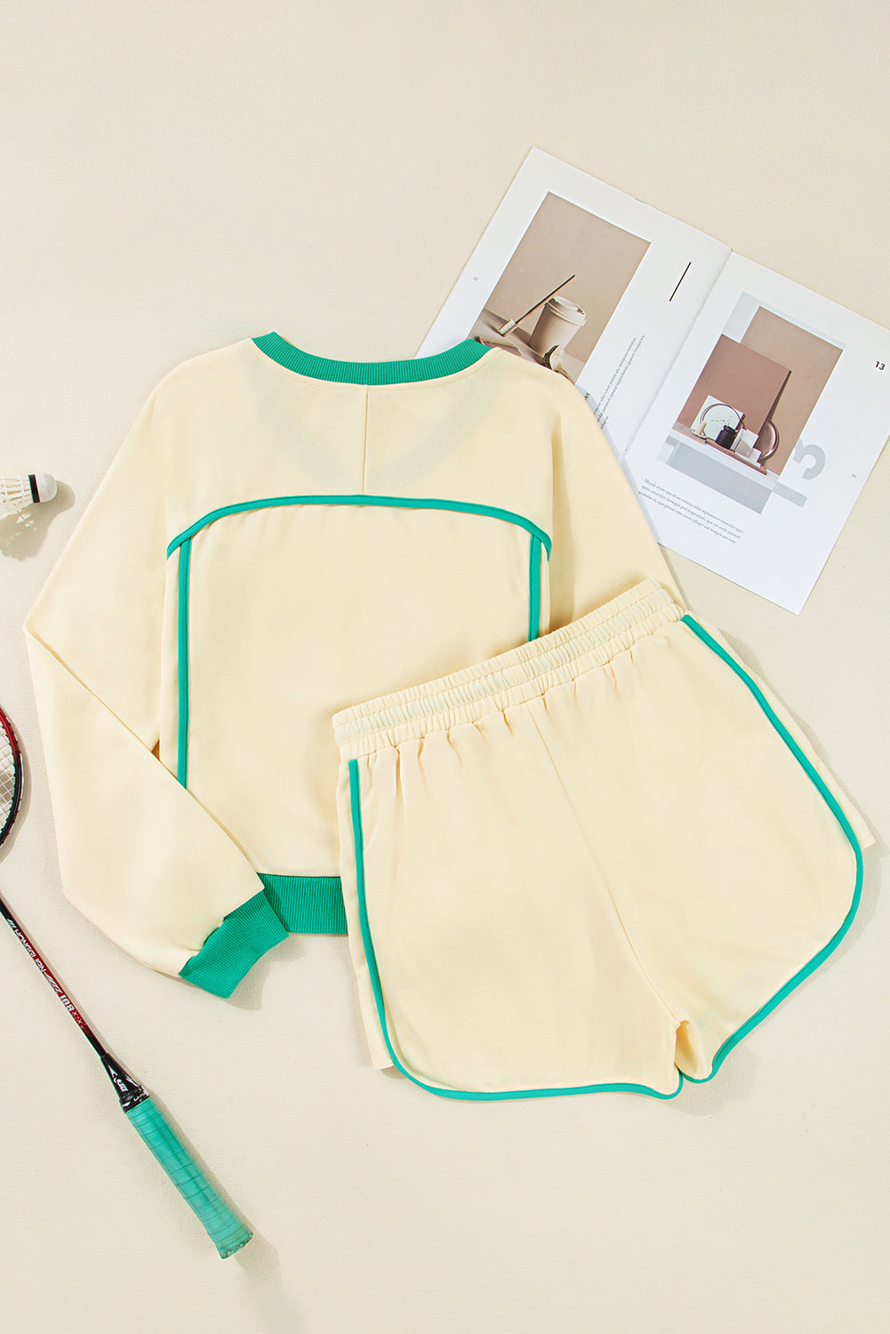 Yellow Long Sleeve Pullover and Drawstring Shorts Lounge Set