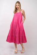 Pink cotton A-line midi cami dress with tiered ruffle layers