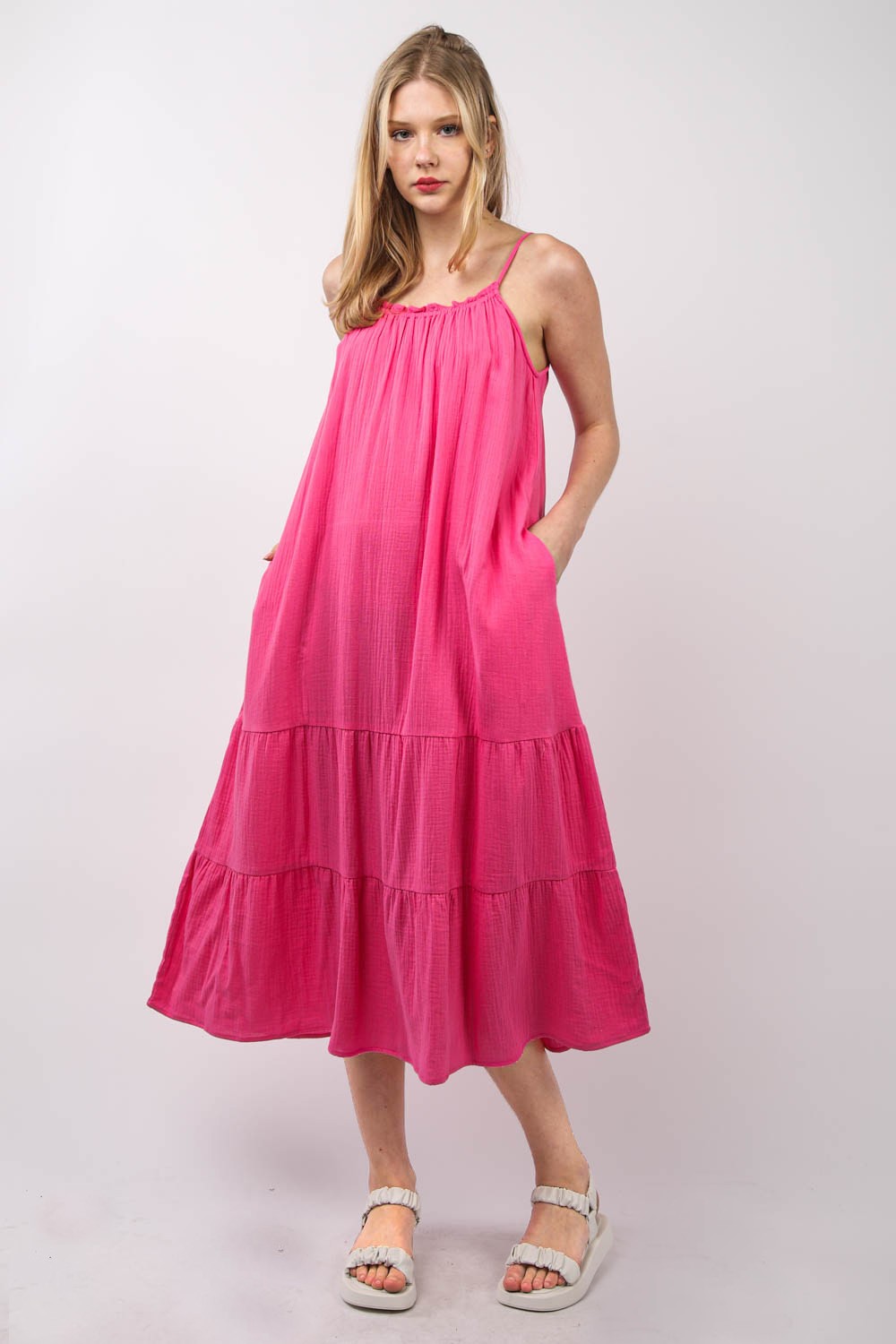 Pink cotton A-line midi cami dress with tiered ruffle layers