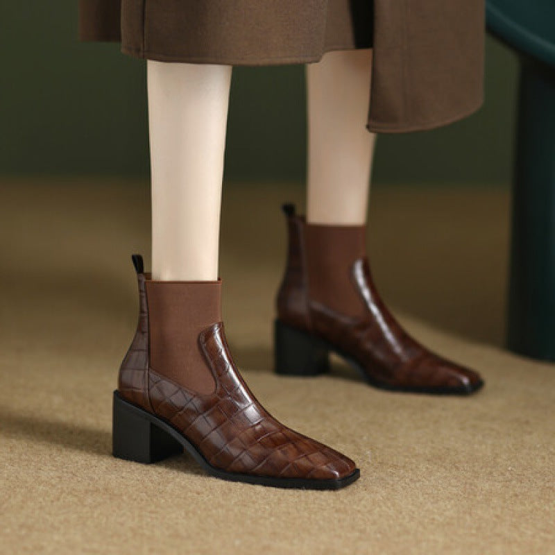 Brown Croc Embossed Square Toe Ankle Boots with Chunky Heel - Image 6