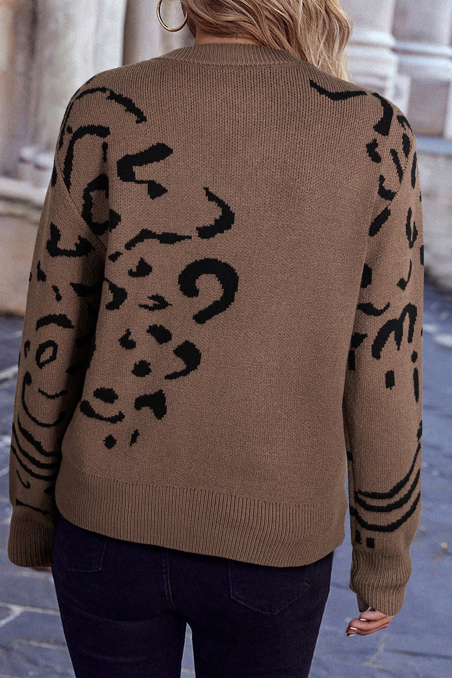 Camel Asymmetric Leopard Print Drop Shoulder Sweater
