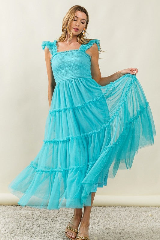 Romantic Frill Mesh Tiered Midi Dress - Feminine Silhouette
