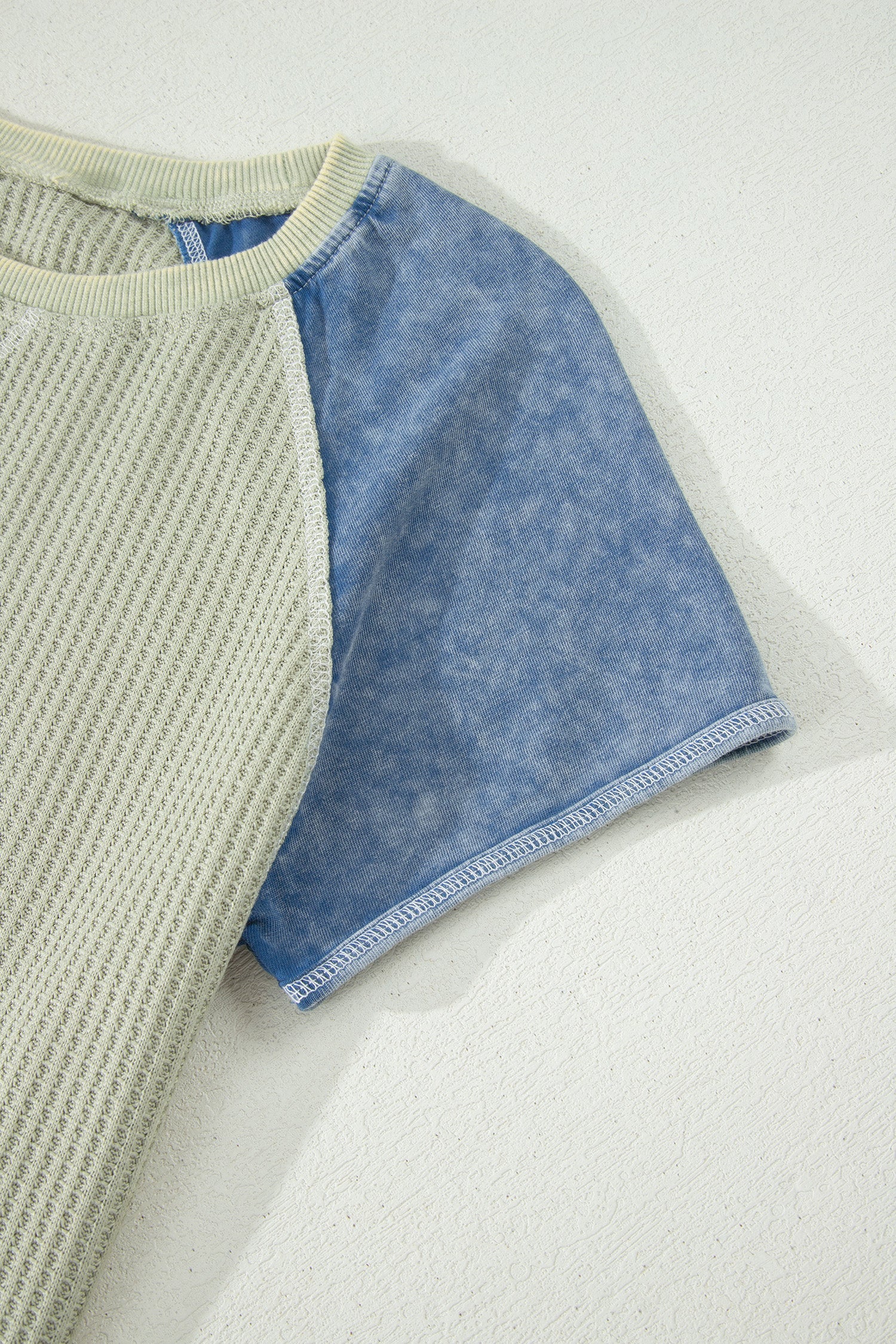 Carbon Grey Waffle Knit Color Block Patchwork Short Sleeve Top