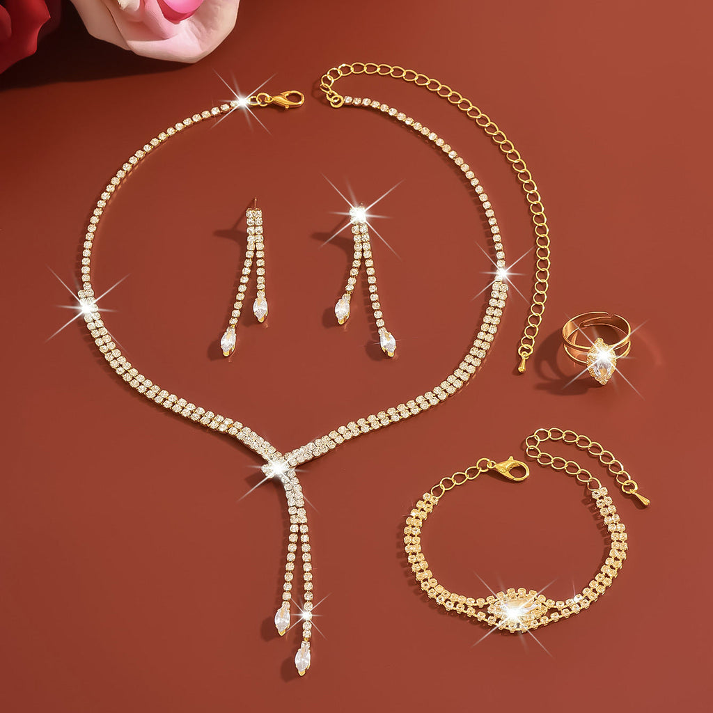 Cross-Border Environmentally Friendly Jewelry New Super Rhinestone Claw Chain Tassel Necklace Earrings Ring Bracelet Bridal Set Light Luxury