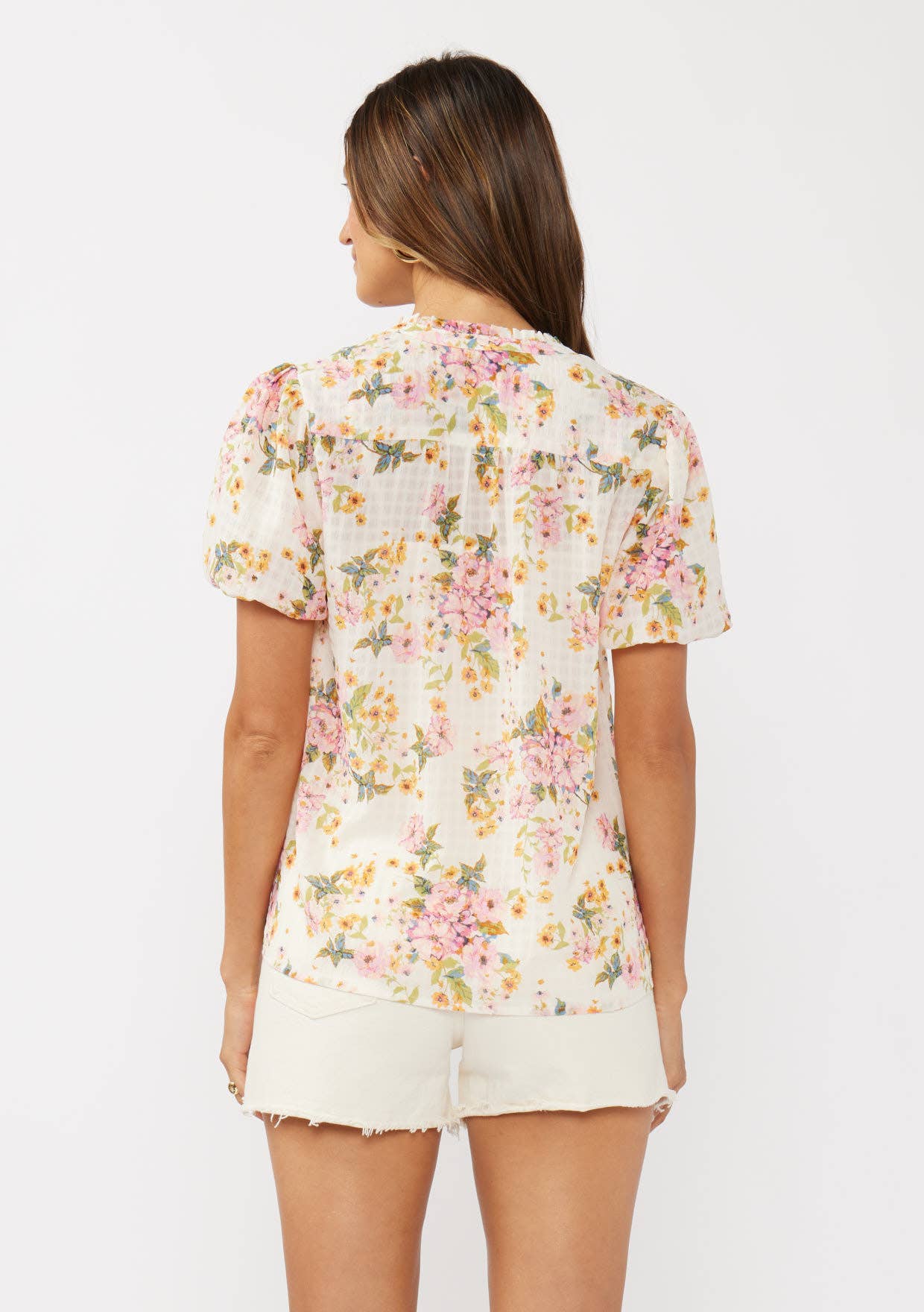Floral Puff Sleeve Button-Down Top in Natural and Dusty Pink