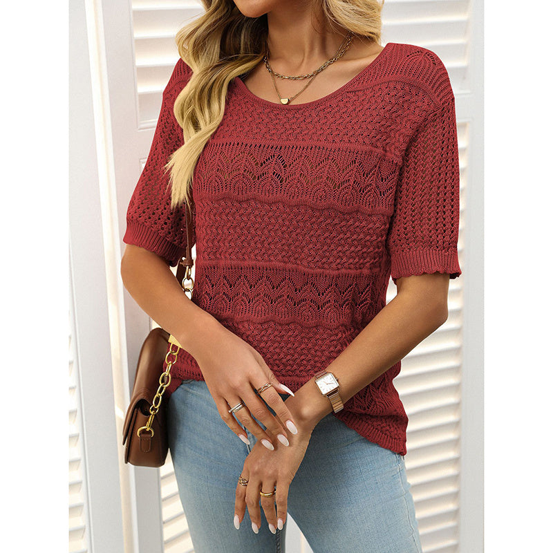 Women’s Short Sleeve Crochet Knit Hollow-Out Crew-Neck Top