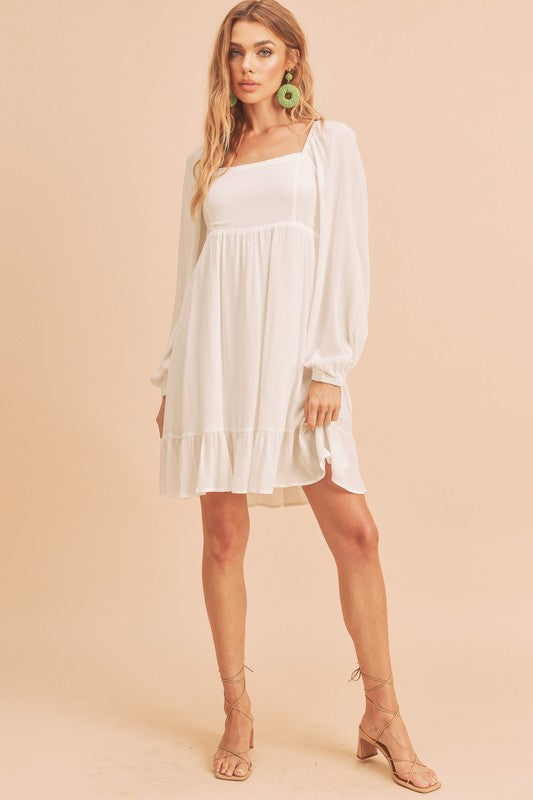 White Square Neck Balloon Sleeve Ruffled Hem Mini Dress