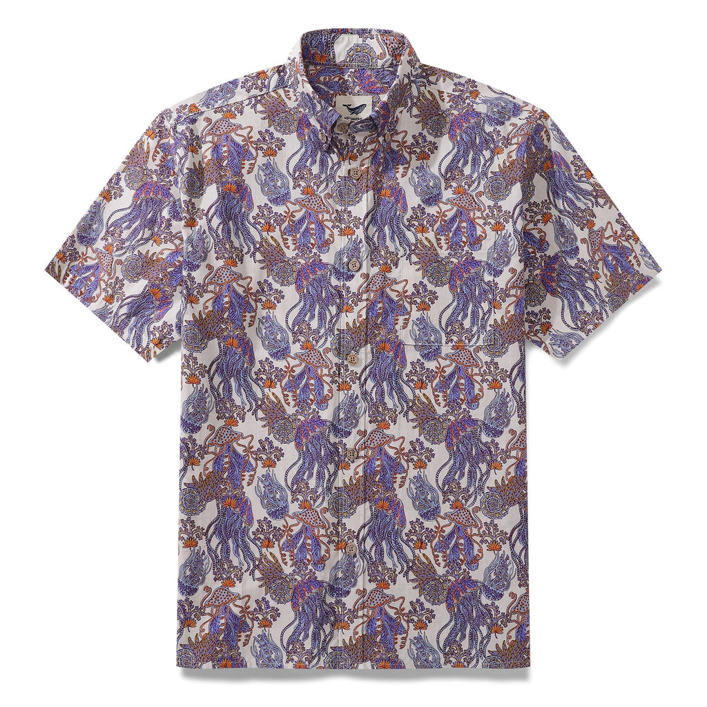 Men's short sleeve Hawaiian shirt with a purple and orange jellyfish and nautilus undersea pattern.