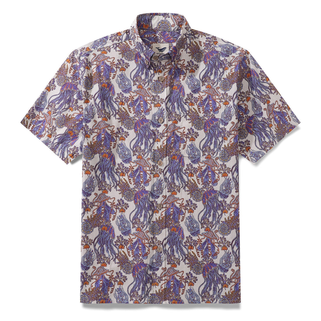 Men's short sleeve Hawaiian shirt with a purple and orange jellyfish and nautilus undersea pattern.