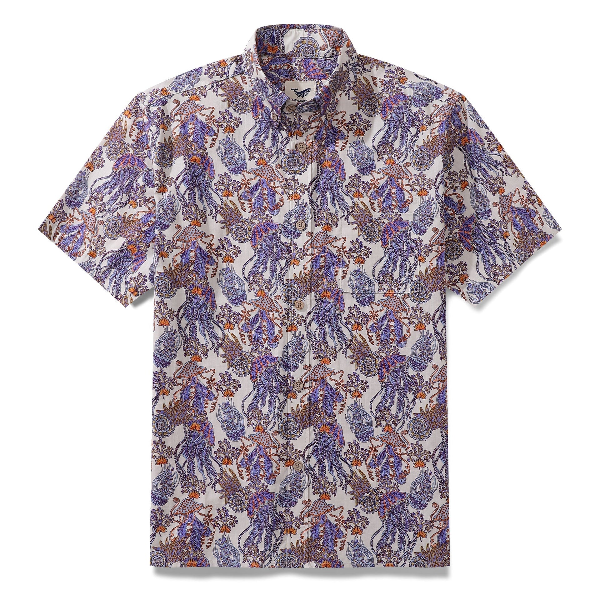 Men's short sleeve Hawaiian shirt with a purple and orange jellyfish and nautilus undersea pattern.