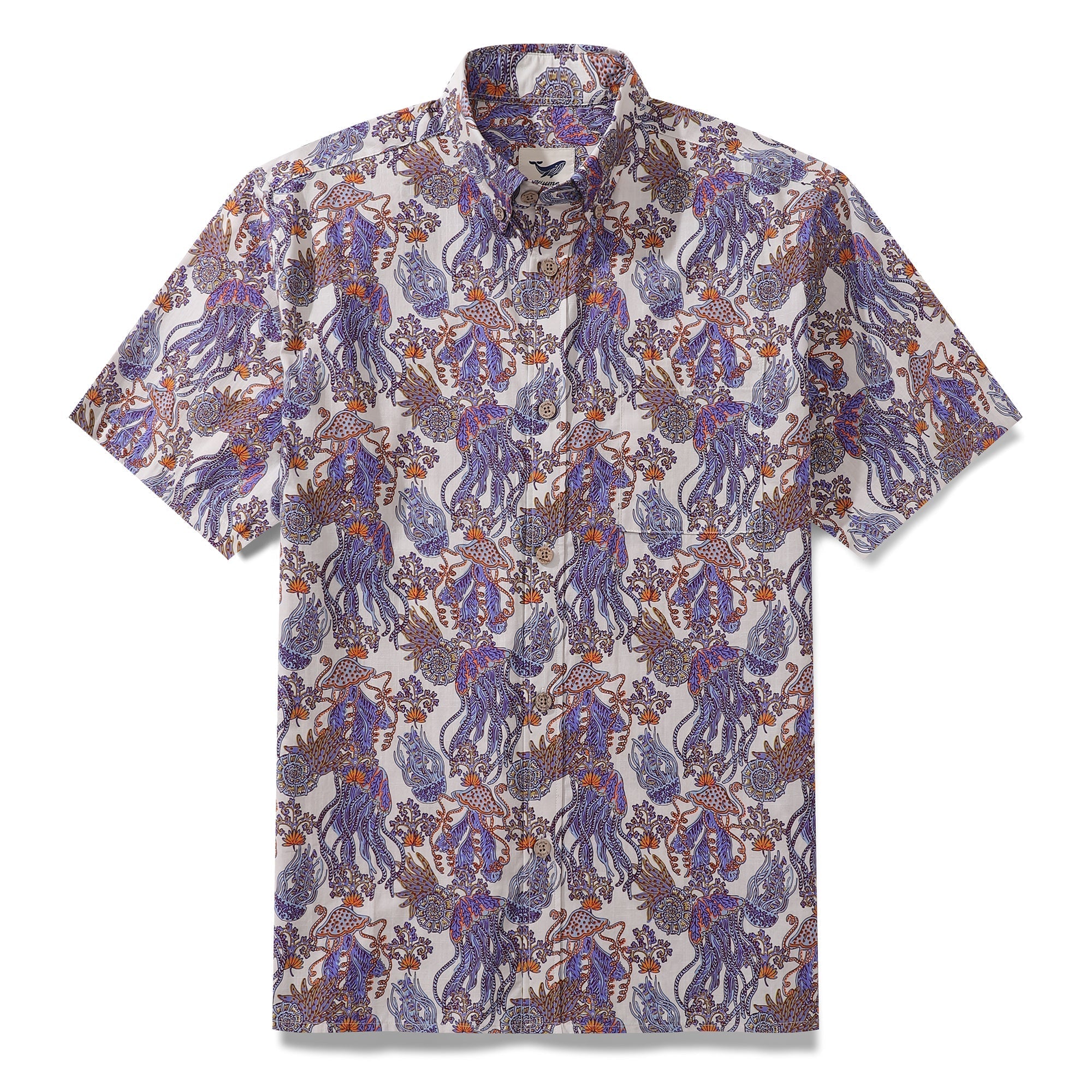 Men's short sleeve Hawaiian shirt with a purple and orange jellyfish and nautilus undersea pattern.