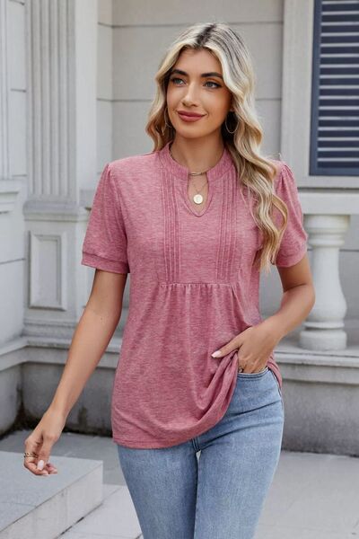 Women's Solid Color Notched Neck Short Sleeve Casual Blouse - Image 3
