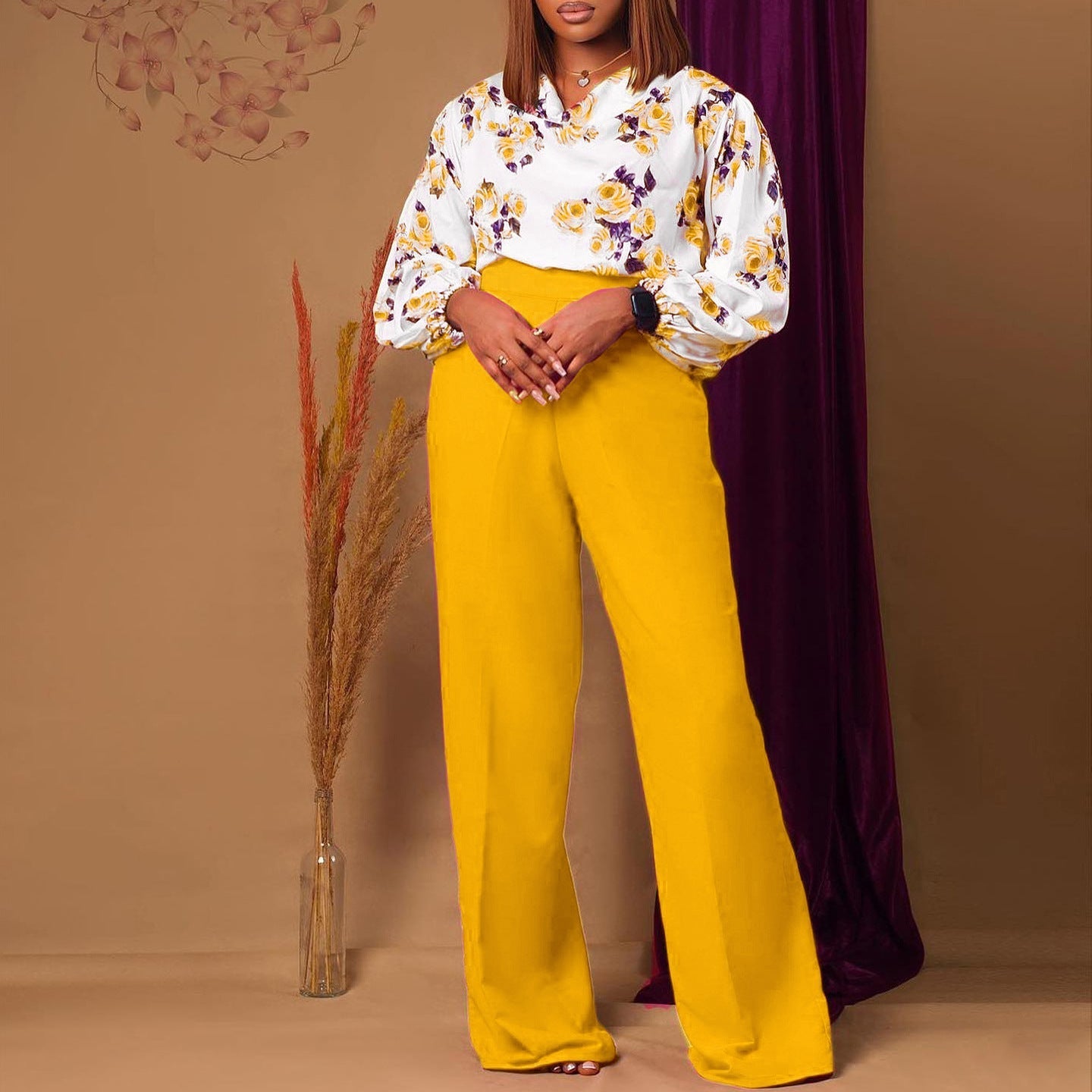 Printed Floral Blouse and Wide-Leg Pants Set
