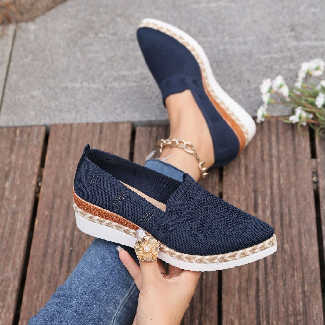 Women's Navy Knit Platform Slip-On Loafers with Espadrille Sole - Image 6