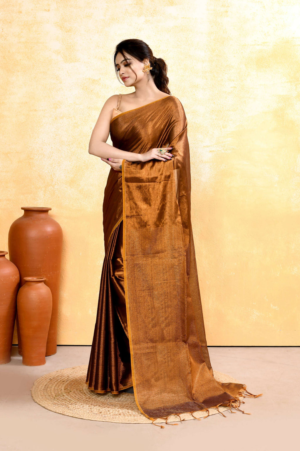 Women's Copper Dual Tone Organic Tissue Saree with Blouse Piece